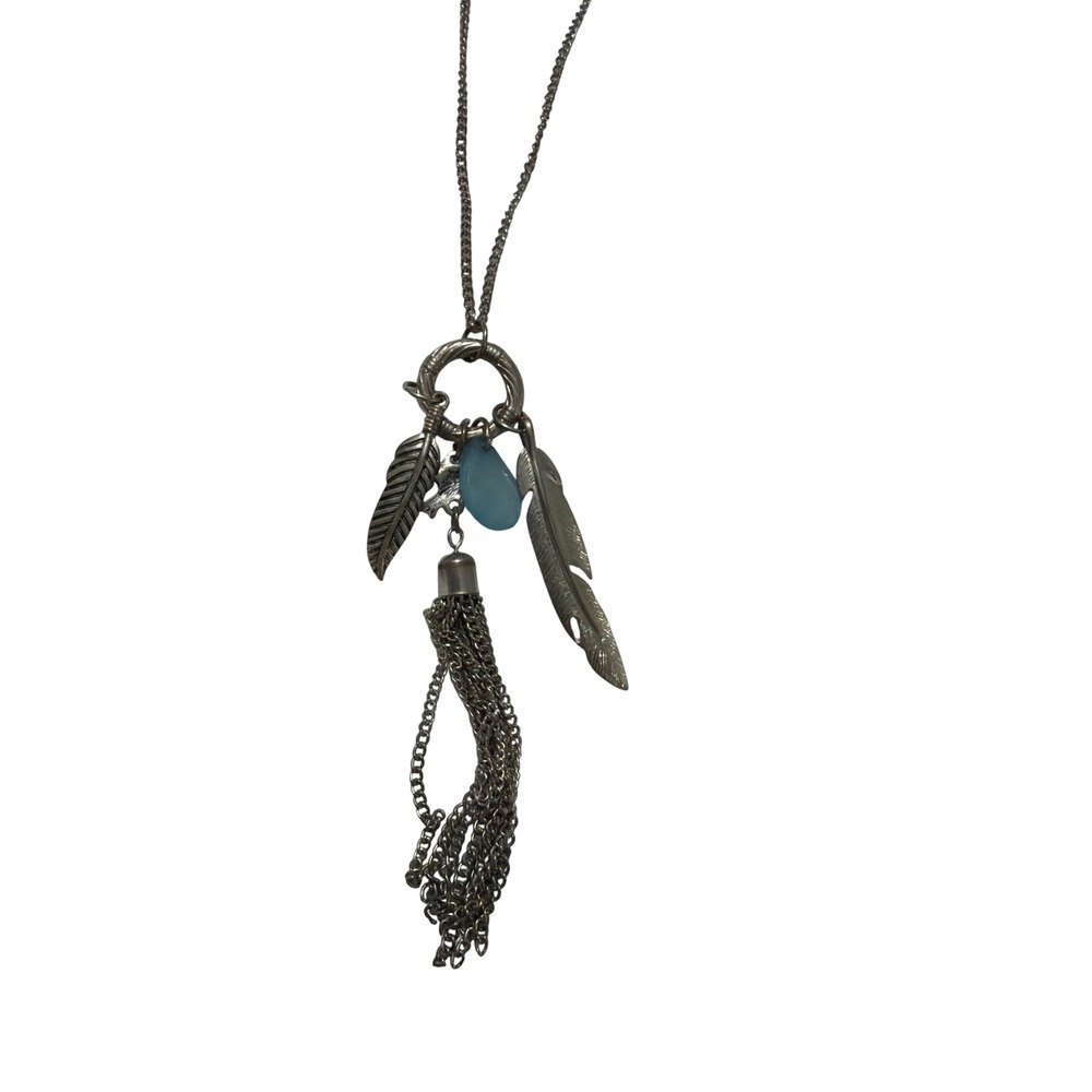 Boho Burnished Silver Tone Feather and Tassel Long Pendant Necklace Blue Stone